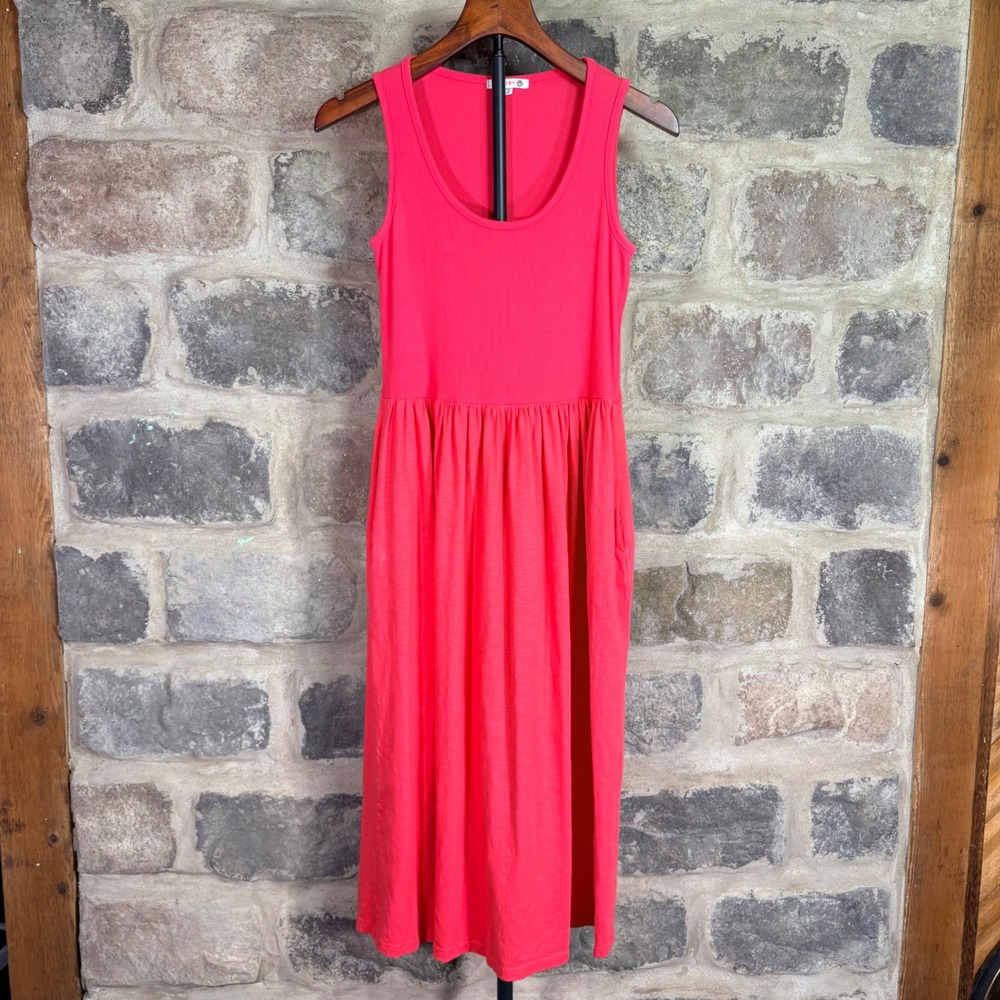 Sundry‎ Womens Ribbed Tank Midi Dress Coral Pink Sleeveless Pockets Small USA